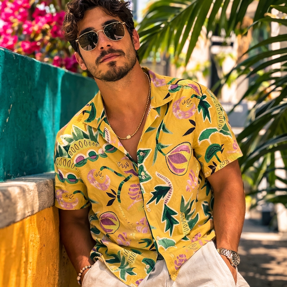 ZARA Regular Fit Yellow Patterned Button-Up Shirt | Retro Tropical Print Summer
